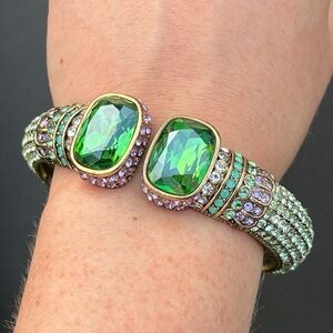 Heidi Daus Signed Hinged Cuff Bracelet Emerald Green Swarovski Crystals